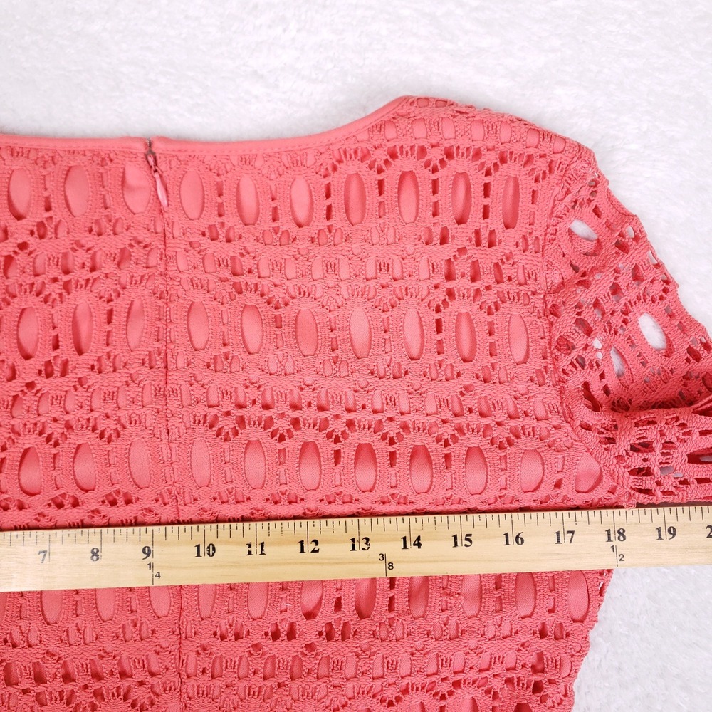 Madison Leigh Lace Sheath Dress Womens 8 Coral Pink Bell Sleeve Wedding Guest - Picture 8 of 10